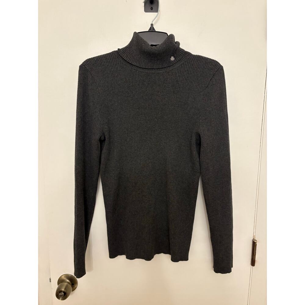 Lauren Ralph Lauren Ribbed Turtleneck Sweater Gray Knit Pullover Top Women’s L